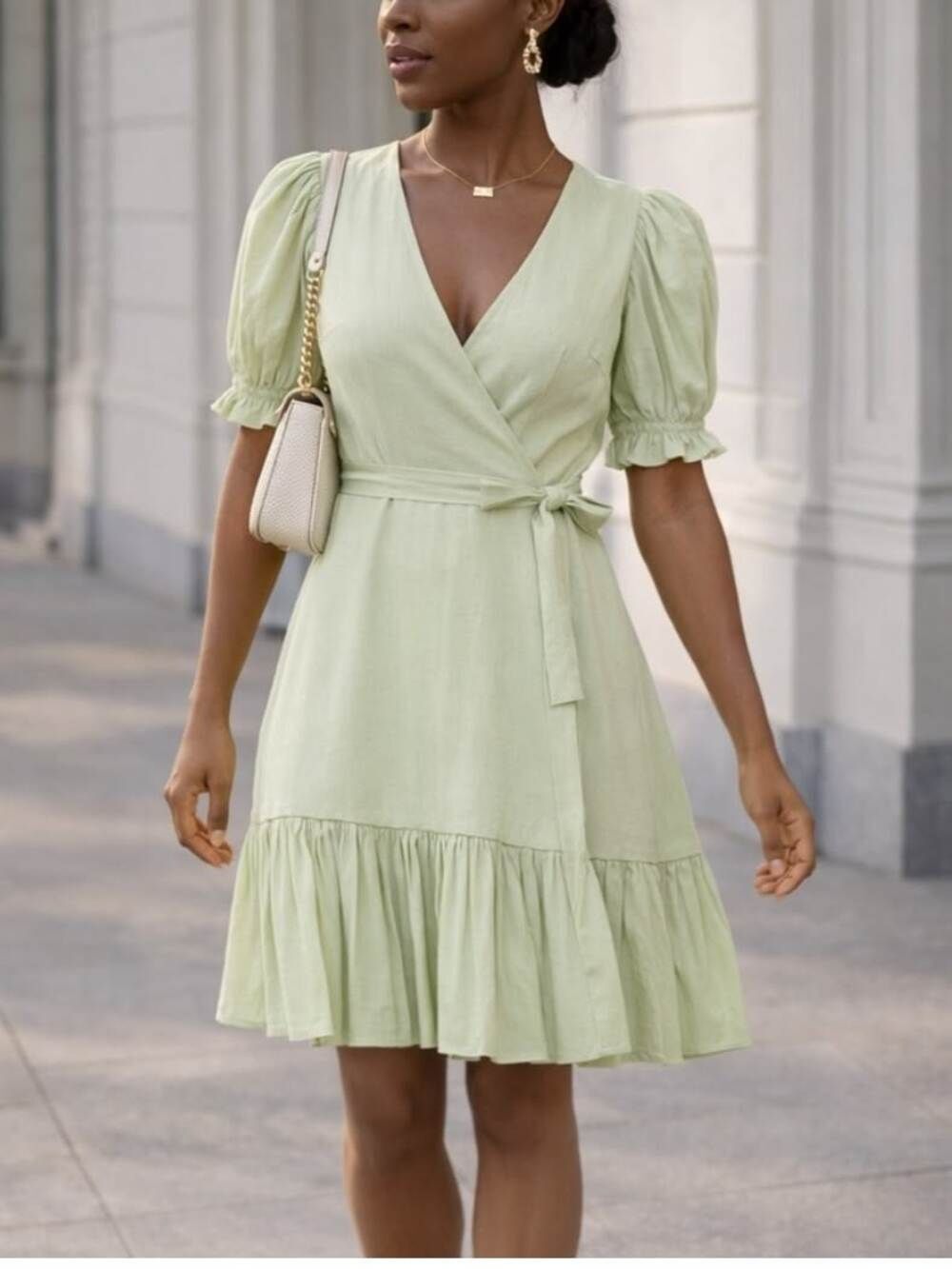Antonio Melani Linen Blend Wrap Dress Light Green Puff Sleeve Sz 6 Quiet Luxury